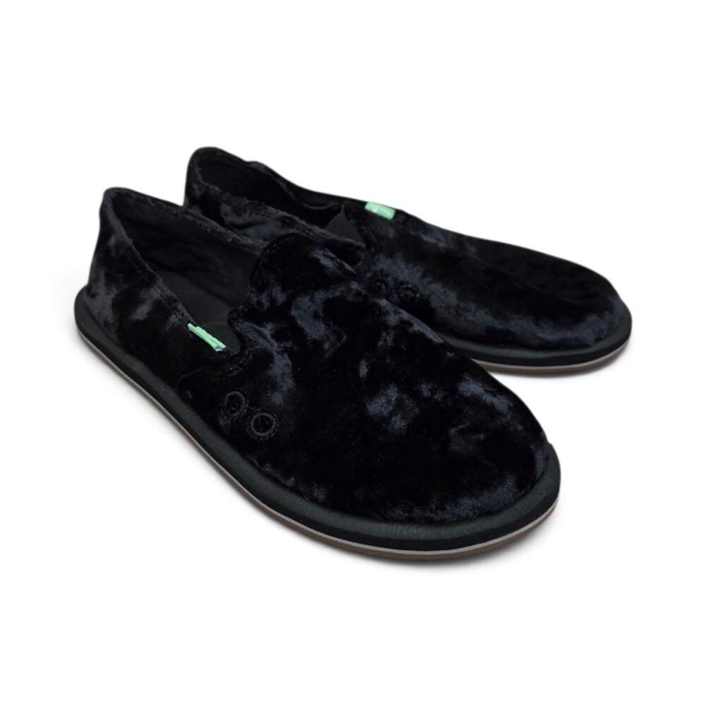 Sanuk Womens Black Crushed Velvet Slip-On Shoes Sidewalk Surfer Loafer Size 8